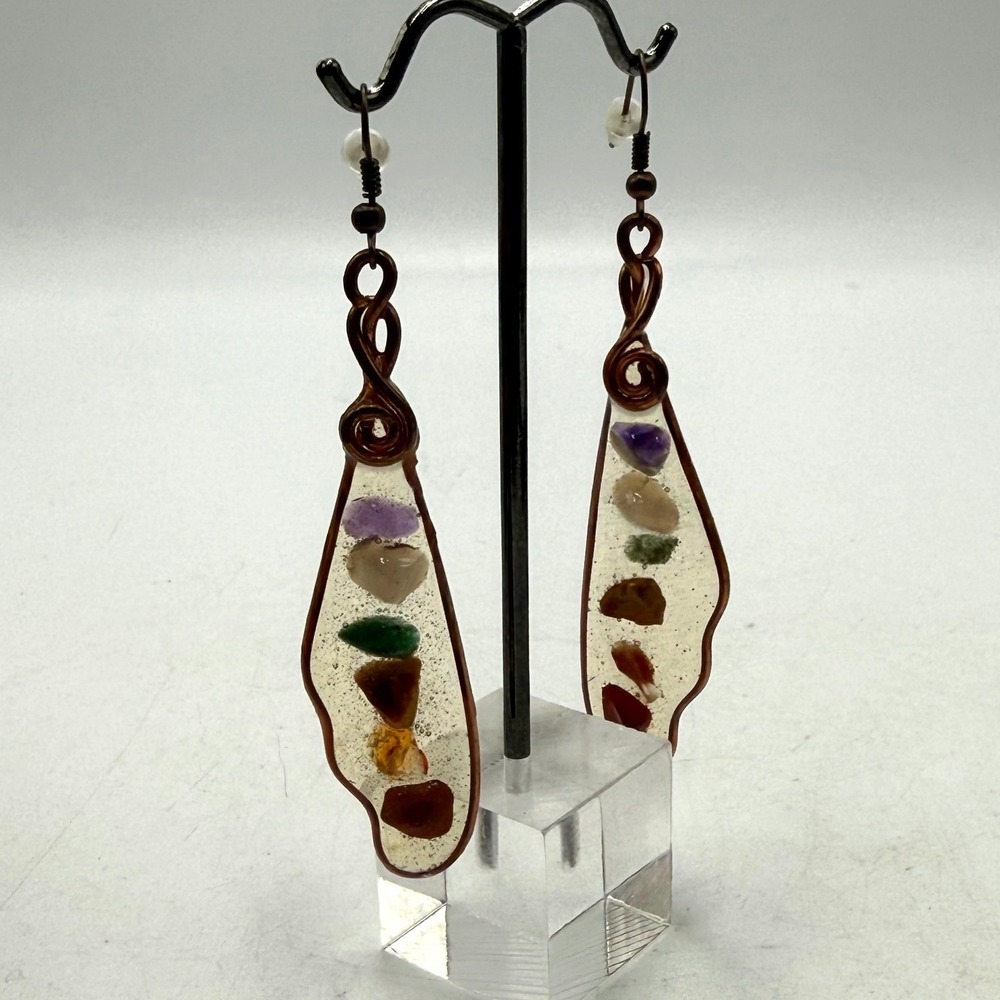 Artisan Copper Wire Resin Wing Earrings with Multicolor Gemstone Chips Boho